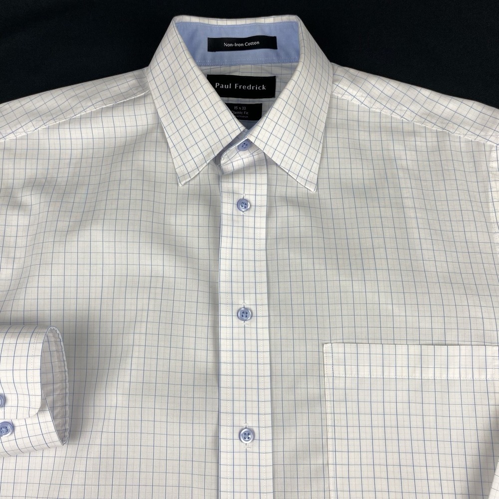 Paul Fredrick Dress Shirt Mens 15-33 White w/Pink/Blue Check Classic Fit No Iron